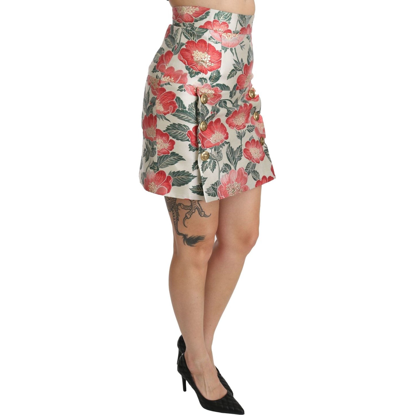 Dolce & Gabbana White Green Red Floral High Waist Mini Skirt SKI1340-36