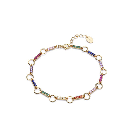 Colorful gemstone bracelet with gold links and adjustable clasp, showing vibrant jewelry design.