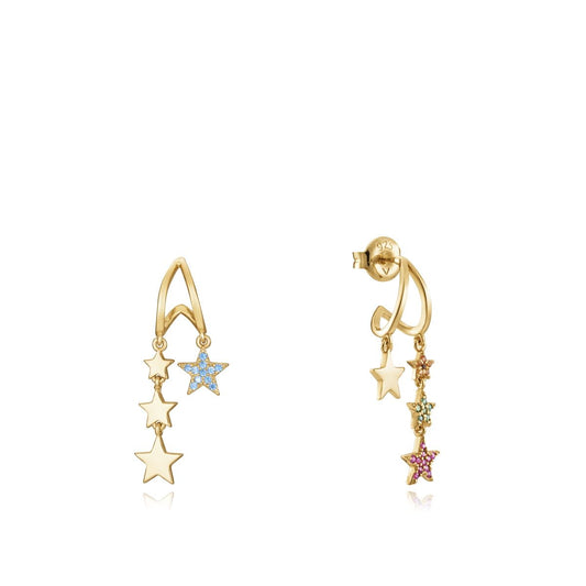 Gold star-shaped earrings with colorful gemstones on a white background, featuring a delicate dangling design.