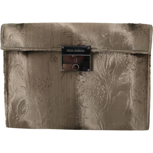 Dolce & Gabbana Beige Velvet Floral Leather Men Document Briefcase Clutch