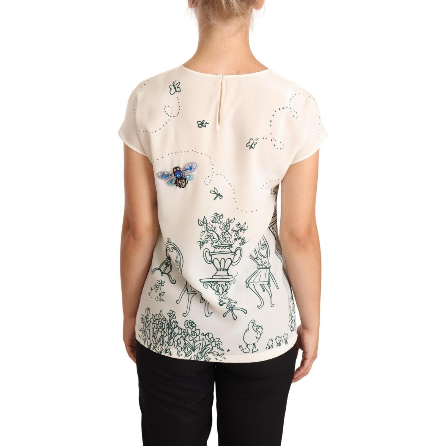 Dolce & Gabbana White Silk Garden Fountain T-Shirt Blouse