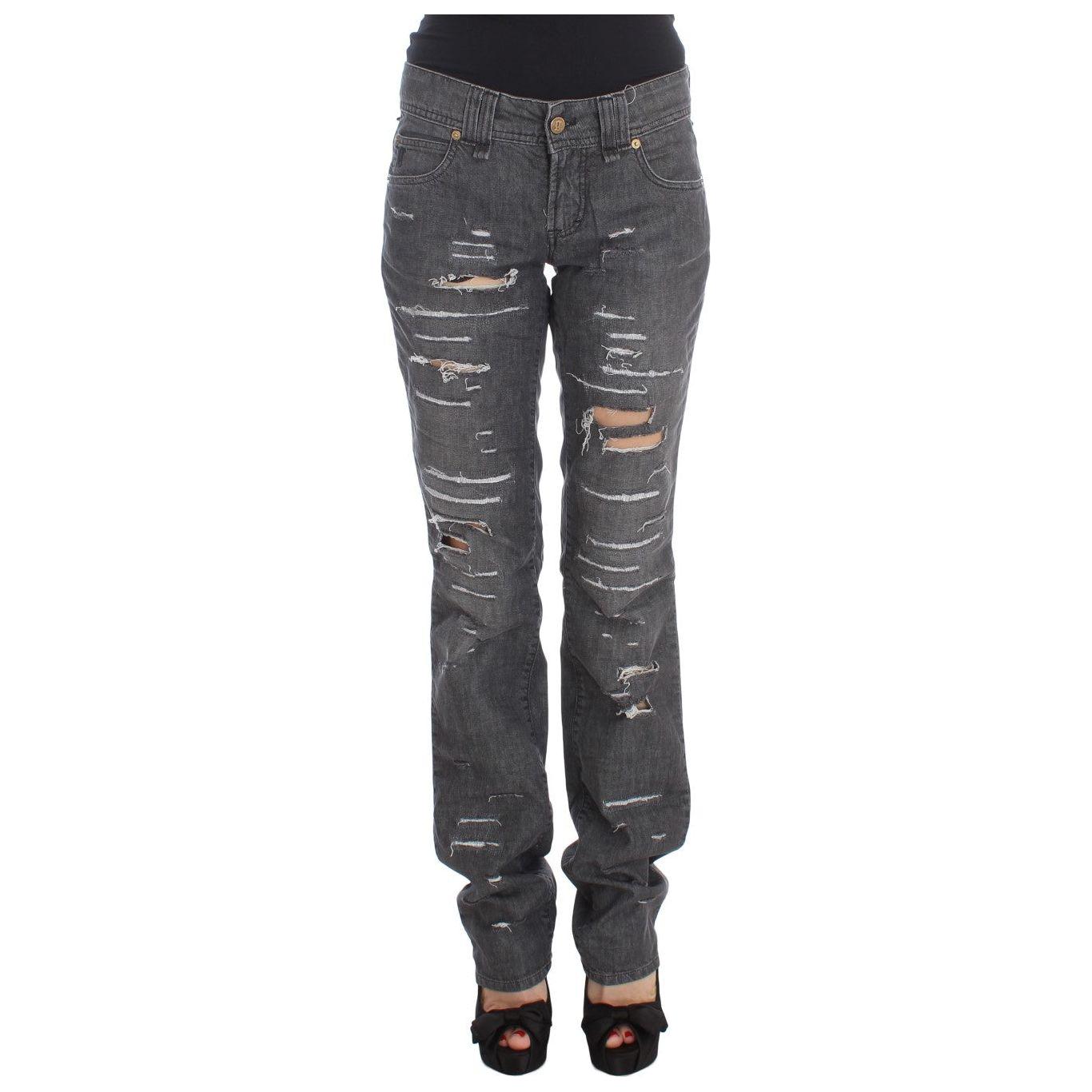 John Galliano Gray Wash Cotton Torn Straight Fit Jeans