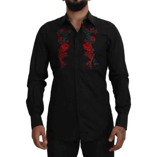 Dolce & Gabbana Black Floral Embroidery Men Long Sleeves GOLD Shirt