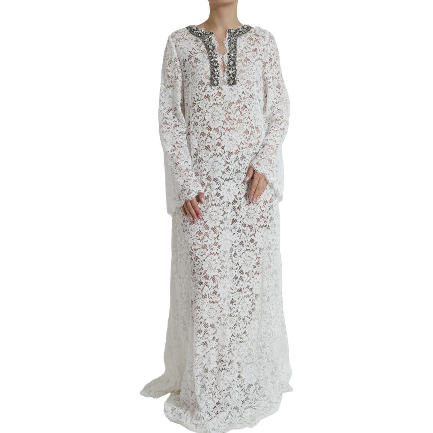 Dolce & Gabbana White Lace Crystal Embellished Shift Dress DR281122-42