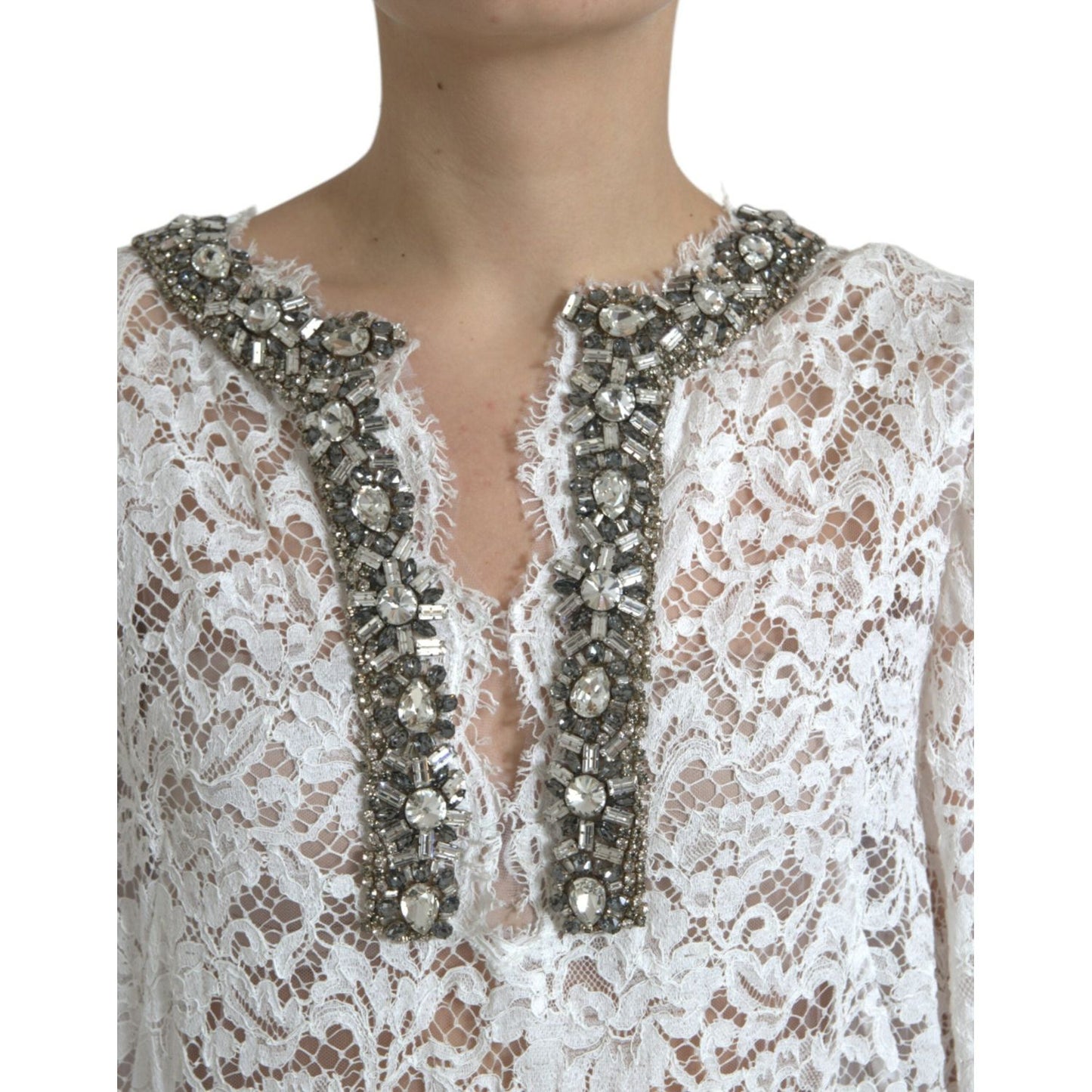 Dolce & Gabbana White Lace Crystal Embellished Shift Dress DR281122-42