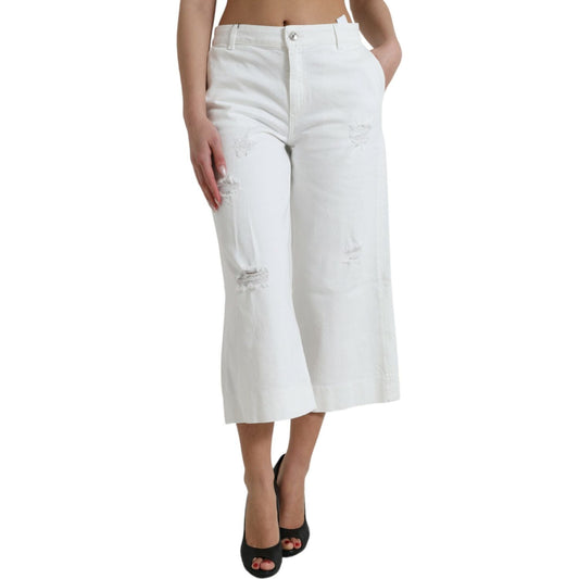 Dolce & Gabbana White Cotton Cropped Wide Leg Denim Jeans