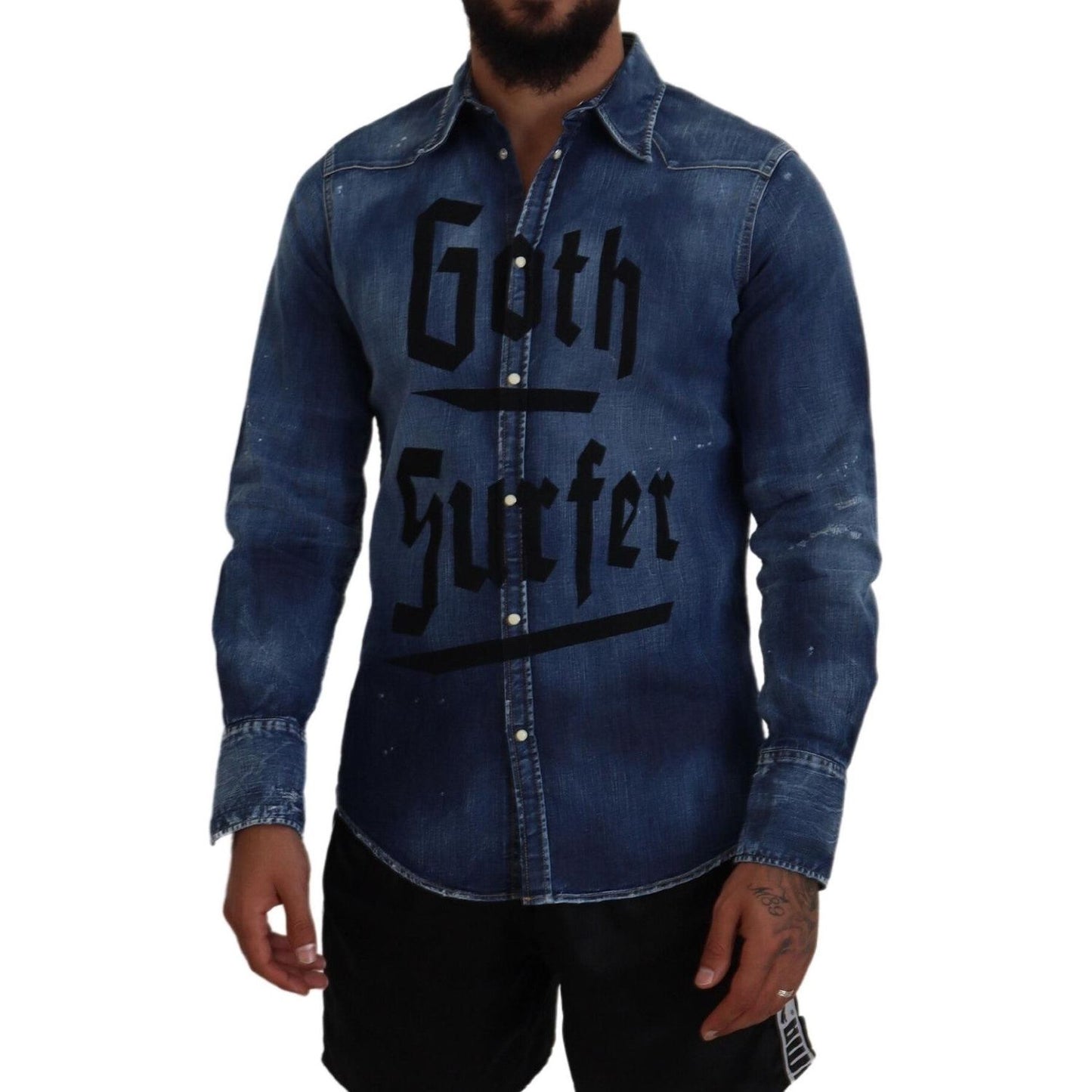 Dsquared² Blue Washed Goth Surfer Print Men Denim Shirt JKT3535-48