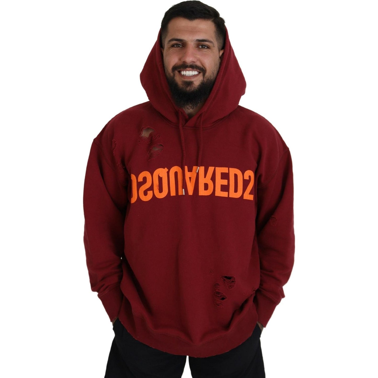 Dsquared² Maroon Cotton Tattered Hooded Printed Pullover Sweater TSH83483-48