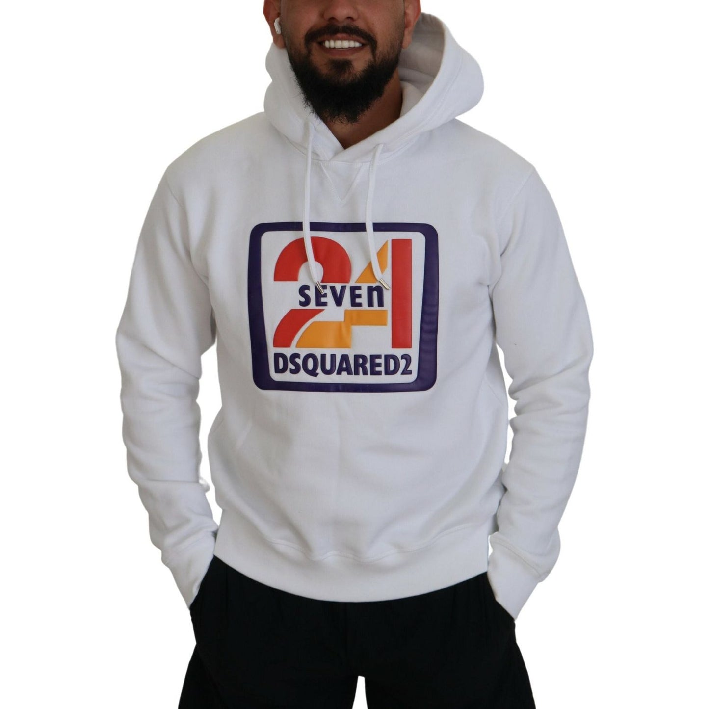 Dsquared² White Cotton Hooded Printed Men Pullover Sweater TSH83485-48
