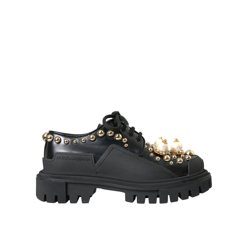 Dolce & Gabbana Black Leather Trekking Derby Embellished Shoes LA10843-37