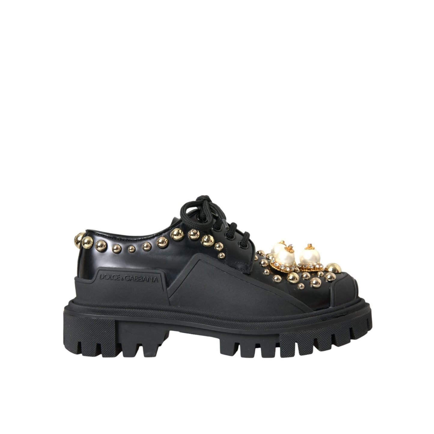 Dolce & Gabbana Black Leather Trekking Derby Embellished Shoes LA10843-37