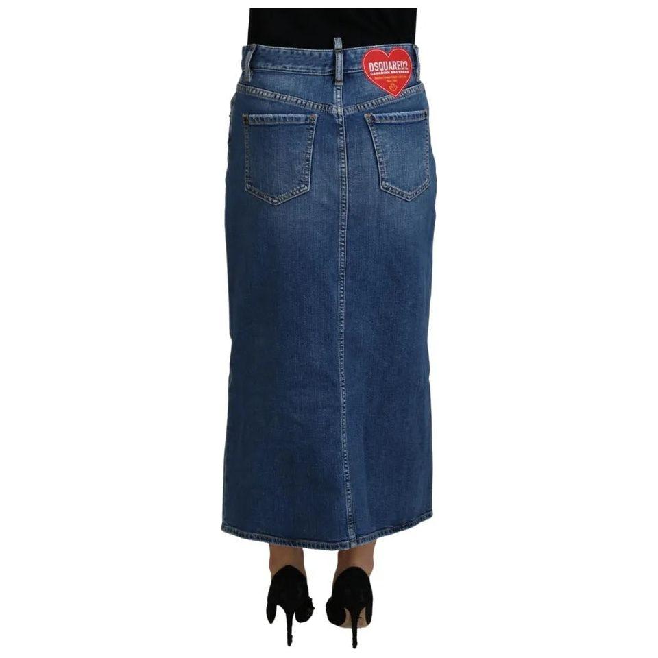 Dsquared² Blue Distressed High Waist Pencil Cut Denim Skirt SKI1896-38