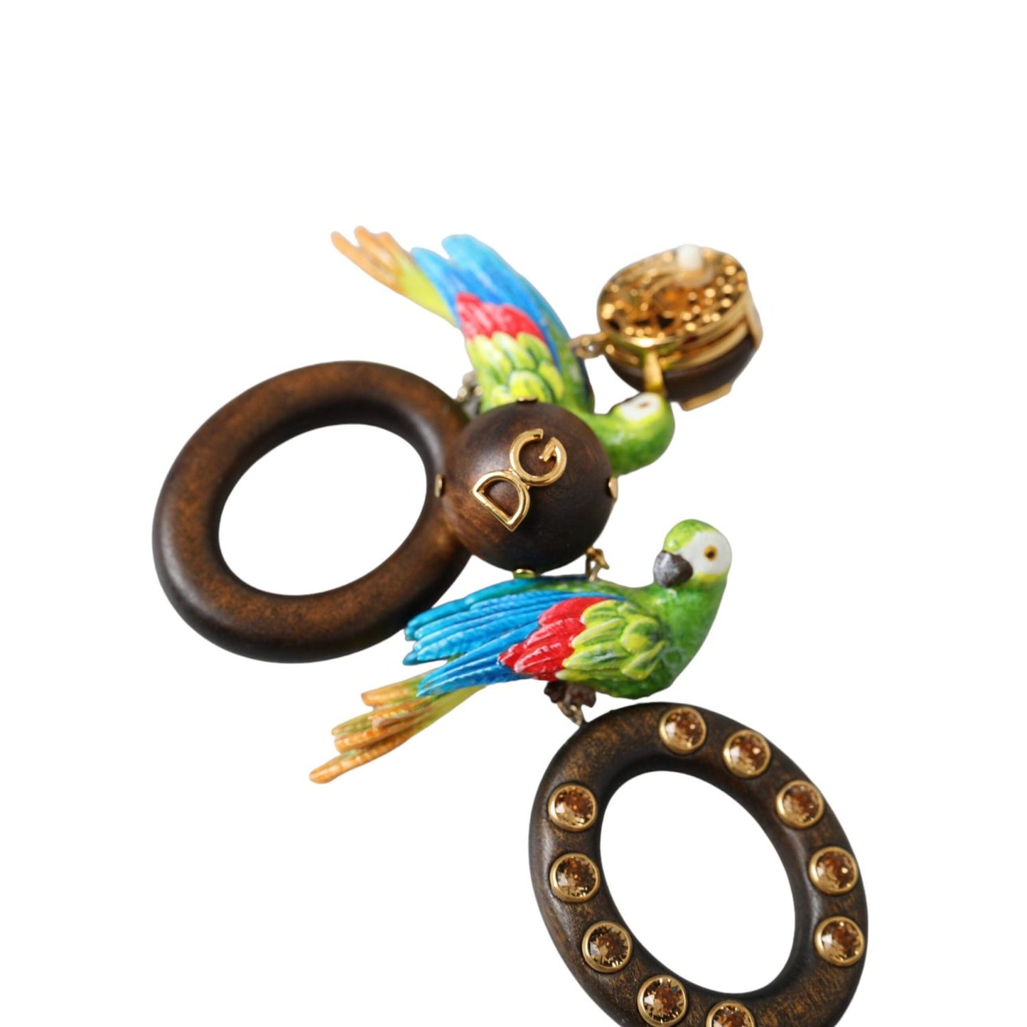 Dolce & Gabbana Multicolor Parrot Wood Brass Crystal Embellished Earrings SMY101251