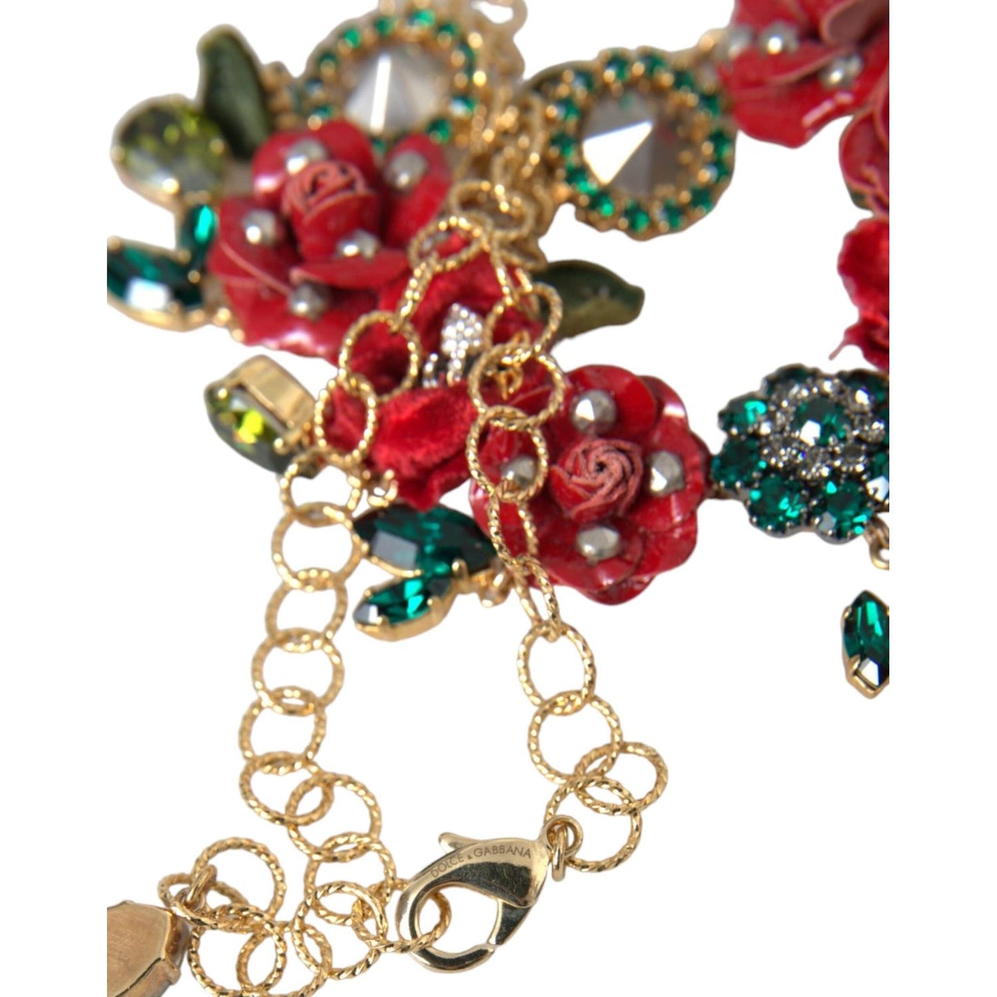 Dolce & Gabbana Gold Brass Link Chain RosePetal Crystal Pendant Necklace SMY10234