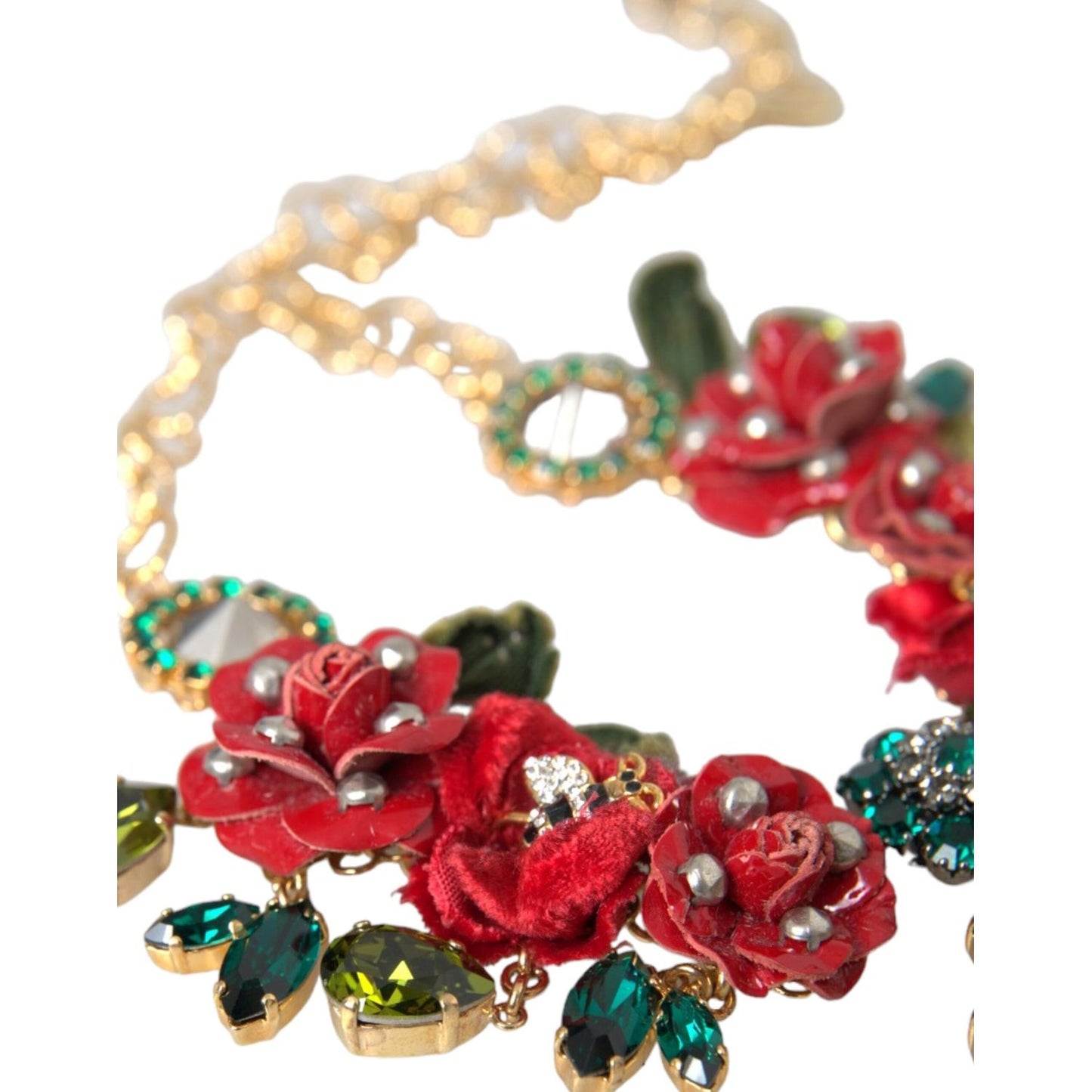 Dolce & Gabbana Gold Brass Link Chain RosePetal Crystal Pendant Necklace SMY10234