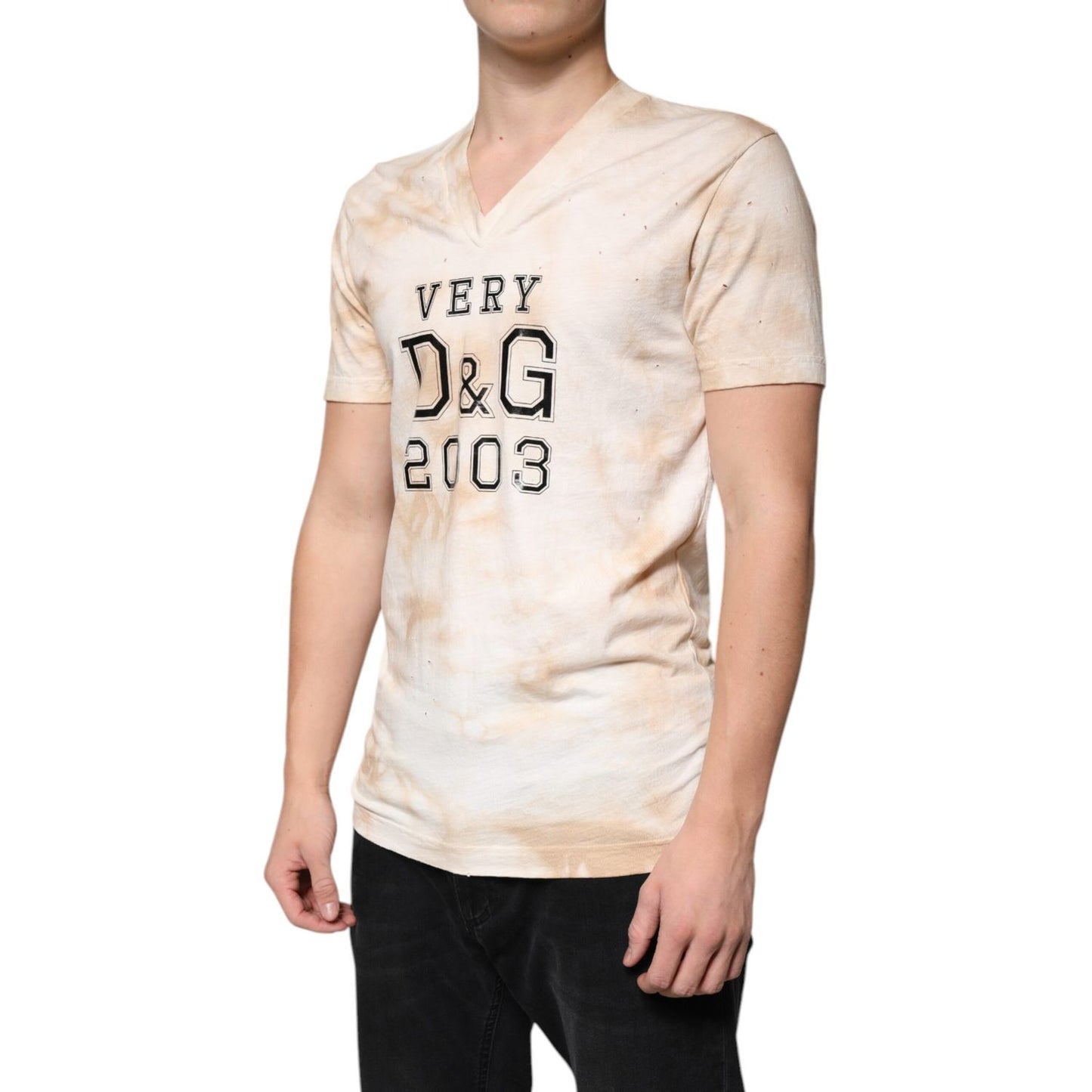 Dolce & Gabbana Beige Graphic Print Cotton V-neck T-shirt