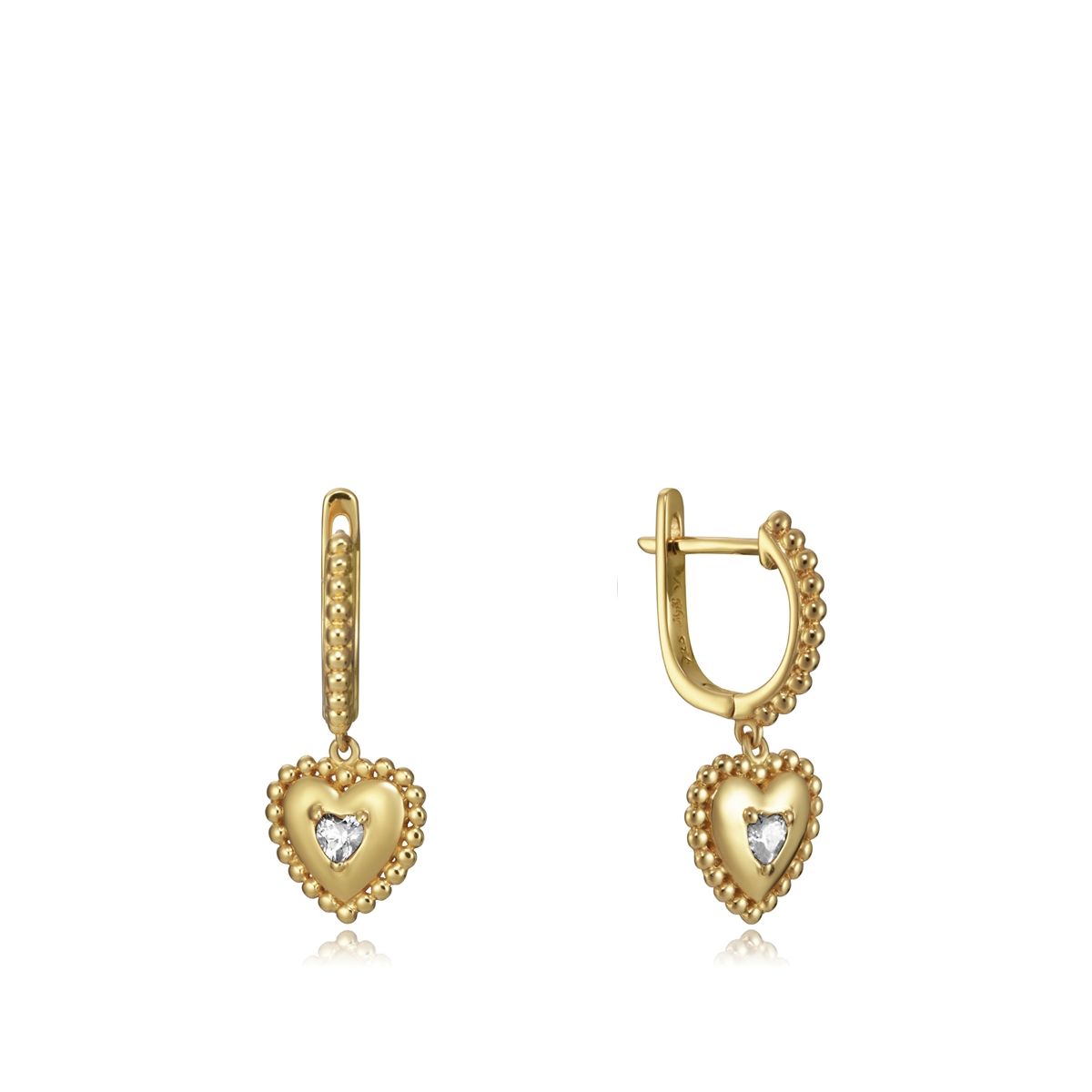 Elegant gold heart-shaped earrings with beaded design, showcasing intricate craftsmanship and luxury style.
