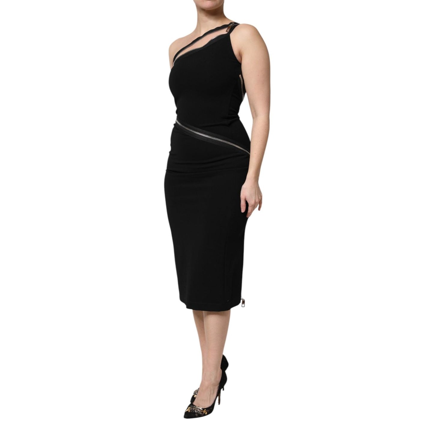 Dolce & Gabbana Black Viscose One Shoulder Zipper Sheath Dress