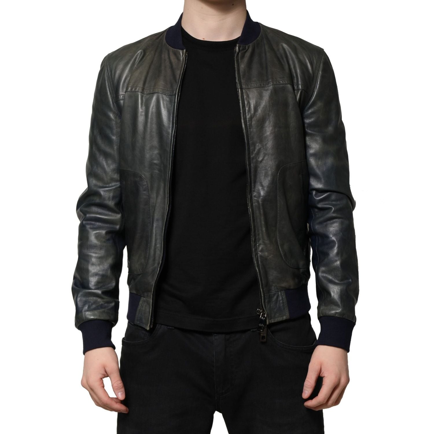 Dolce & Gabbana Black Lambskin Leather Biker Full Zip Jacket