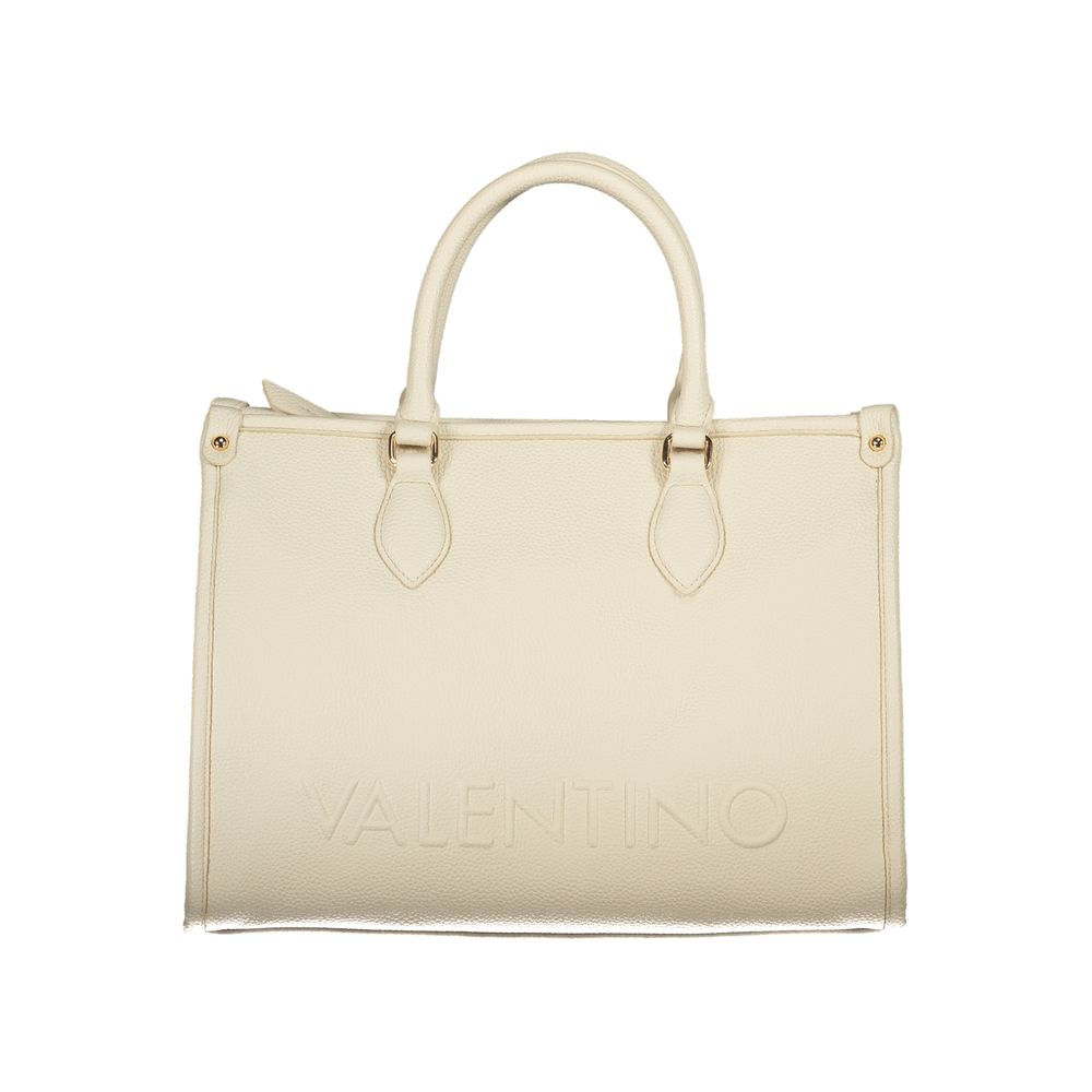 Mario Valentino Beige Polyethylene Handbag with two handles, adjustable strap, internal pockets, and logo detailing.