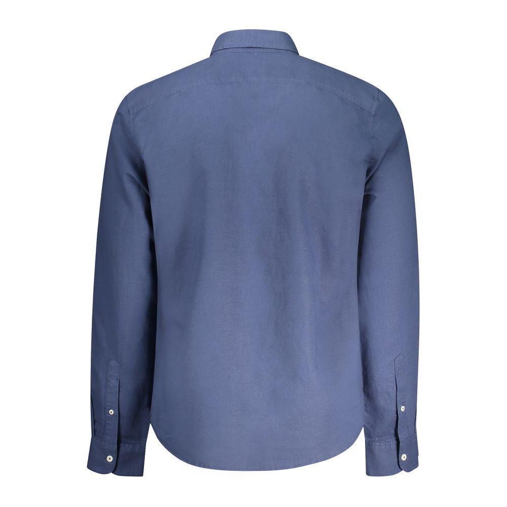 Back view of Timberland Blue Cotton Shirt featuring long sleeves, slim fit, button-down collar, and 1-button cuffs.