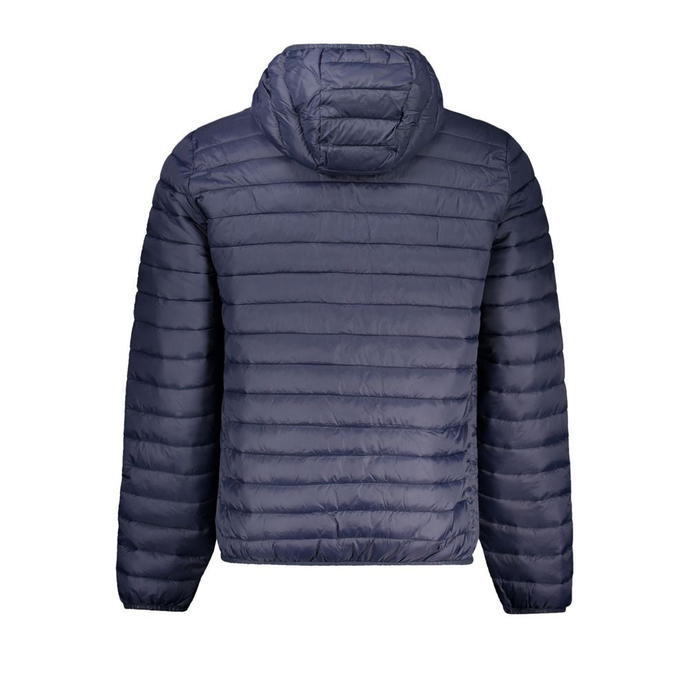 North Sails Blue Polyamide Men Jacket with hood, lightweight design, back view highlighting craftsmanship and clean lines.