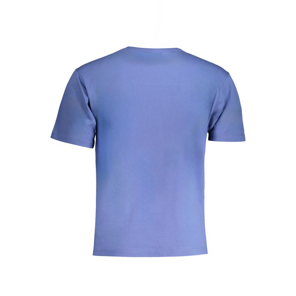 Back view of K-WAY Blue Cotton T-Shirt with short sleeves, crew neck, one pocket, print, and logo detail.