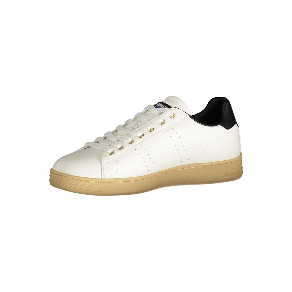 Blauer White Polyester Sneaker with contrasting black details, laces, logo print; sports footwear ideal for casual and athletic wear.
