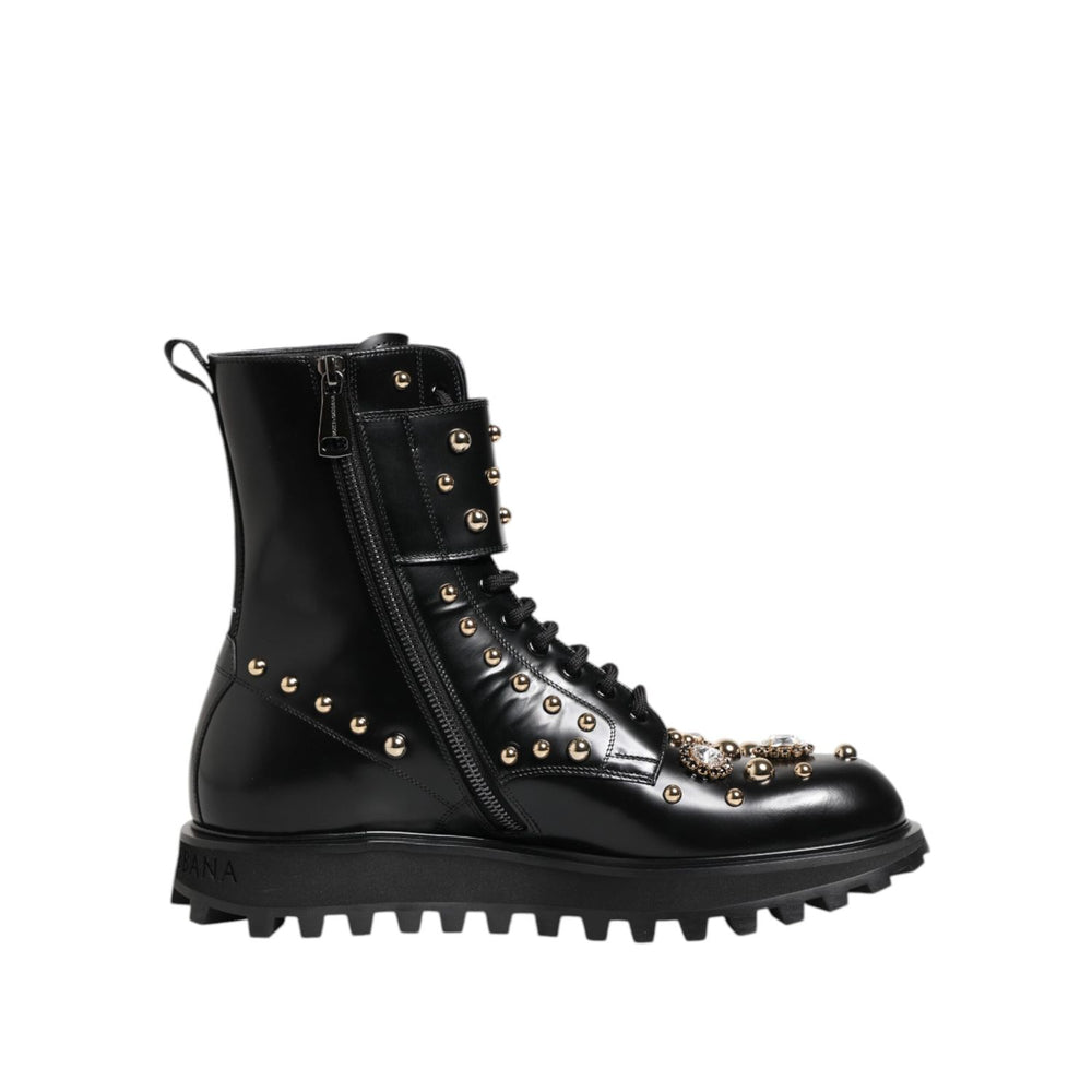 Dolce & Gabbana Black Studded Lace Up Mid Calf Boots Shoes MV7683-35
