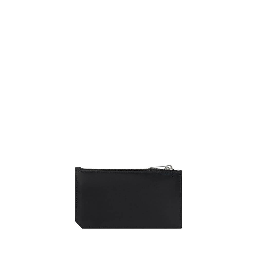 Saint Laurent Black Calf Leather Bos Taurus Wallet with YSL logo, card slot, and zipper closure, AW25 collection, 13x13 cm.