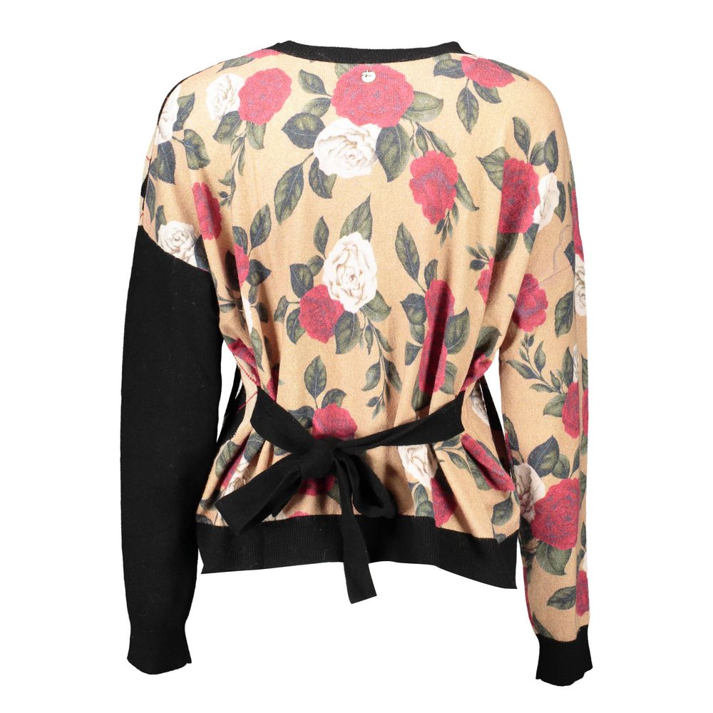 Blugirl Beige Cotton Sweater with floral print, long sleeves, crew neck, buttons, and waist belt