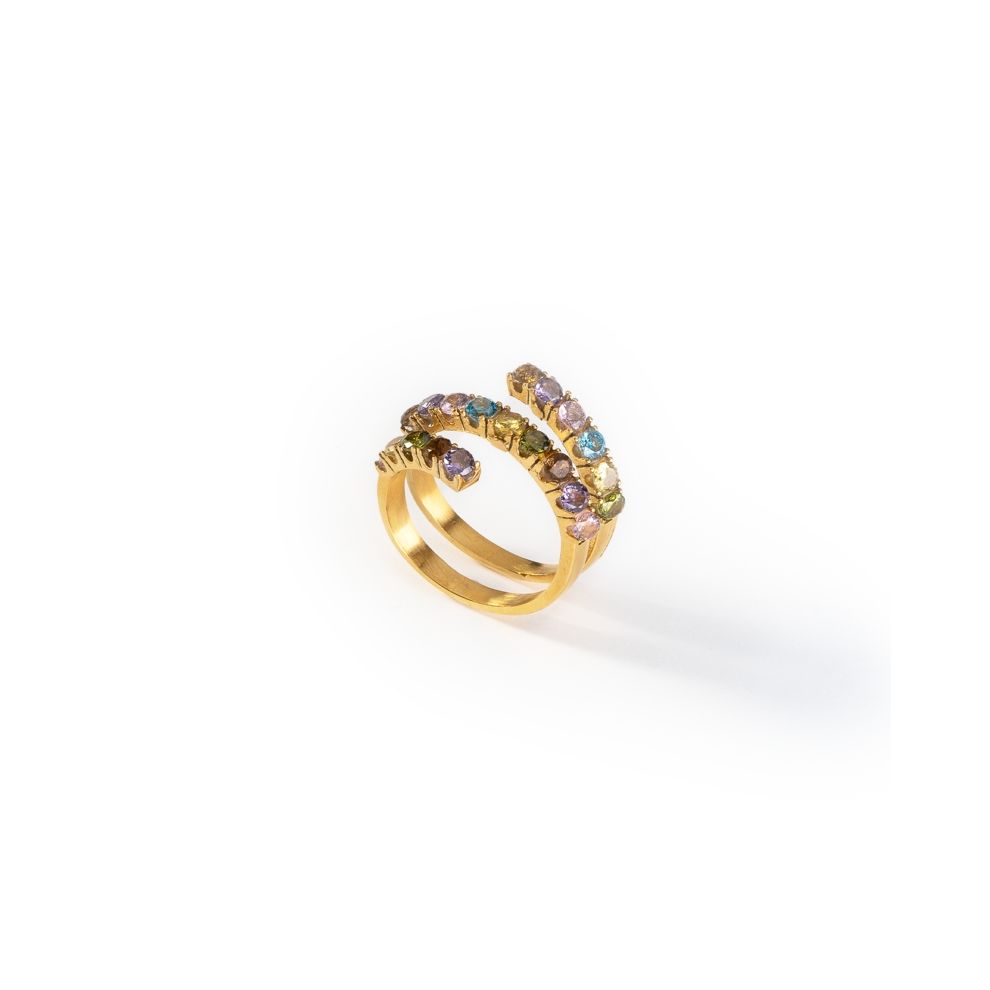 AN JEWELS JEWELRY Mod. AL.RLIYSUM01-7 elegant gold ring with colorful gemstones on white background