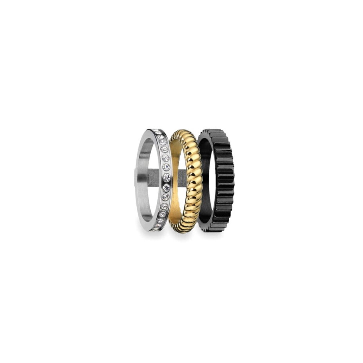 AN JEWELS JEWELRY Mod. AR.R3NS03SYK-7 featuring a collection of stacked rings in silver, gold, and black with elegant designs.