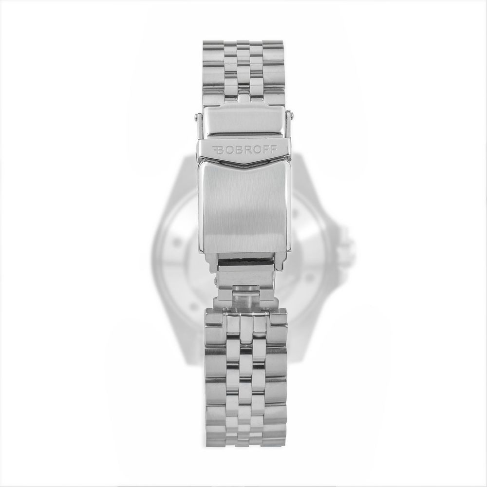 Back view of Bobroff Silver Stainless Steel Bracelet Watch with pressure closure and silver stainless steel bracelet.