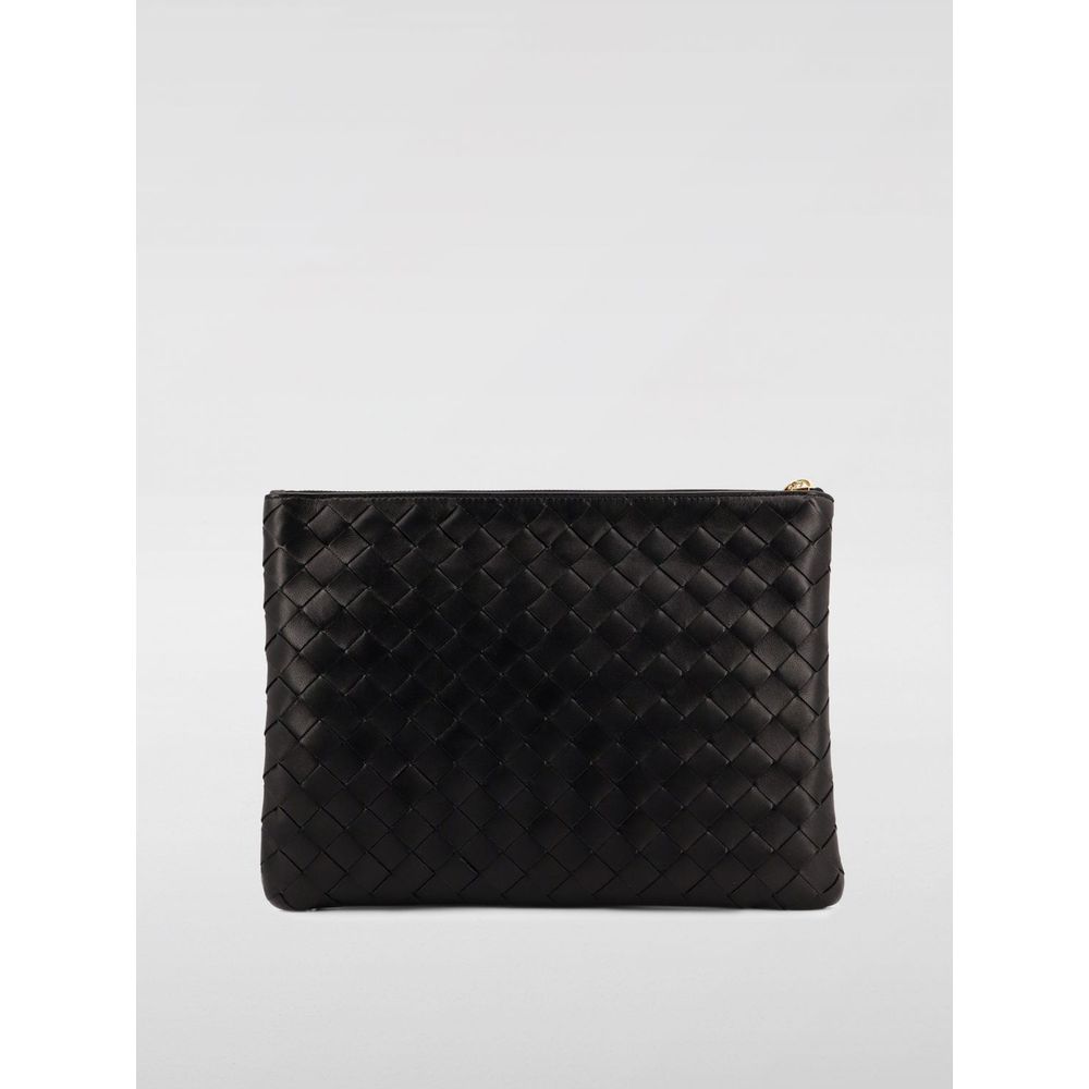 Bottega Veneta Black Leather Handbag with woven design, secure zip closure, and wristlet strap.