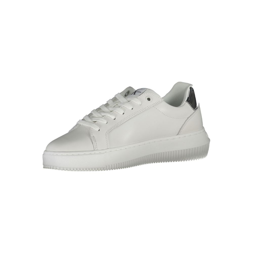 Calvin Klein White Polyester Sneaker with laces, contrasting sole, logo, and 50% recycled material. Stylish sports shoe for active wear.