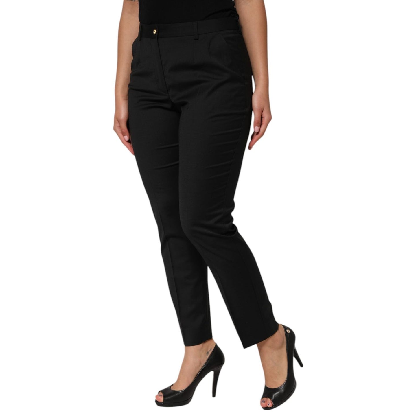 Dolce & Gabbana Black Polyester Tapered Women Trouser Pants, mid waist, zipper closure, made in Italy, exclusive design.