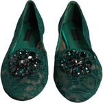 Dolce & Gabbana Green Lace Crystal Ballet Flats Loafers Shoes LA11686-37.5