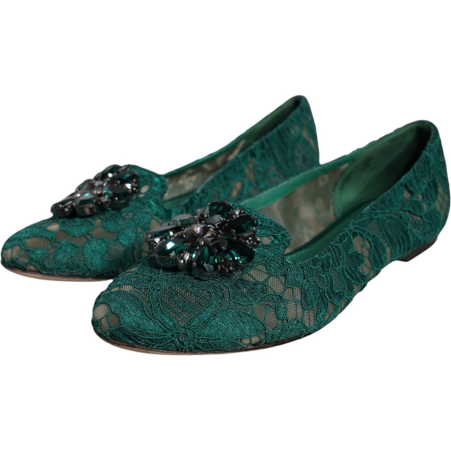 Dolce & Gabbana Green Lace Crystal Ballet Flats Loafers Shoes LA11686-37.5