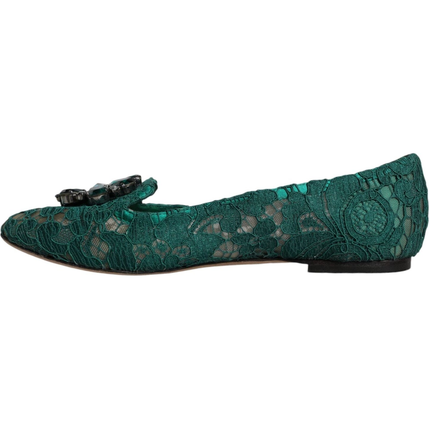 Dolce & Gabbana Green Lace Crystal Ballet Flats Loafers Shoes LA11686-37.5