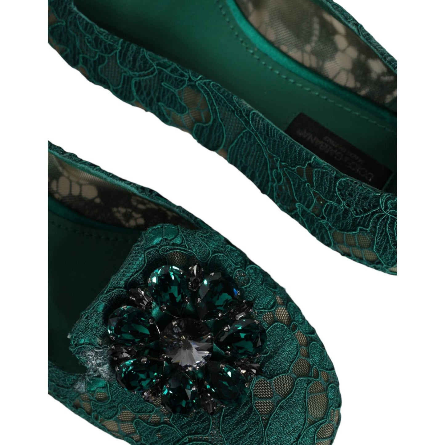 Dolce & Gabbana Green Lace Crystal Ballet Flats Loafers Shoes LA11686-37.5