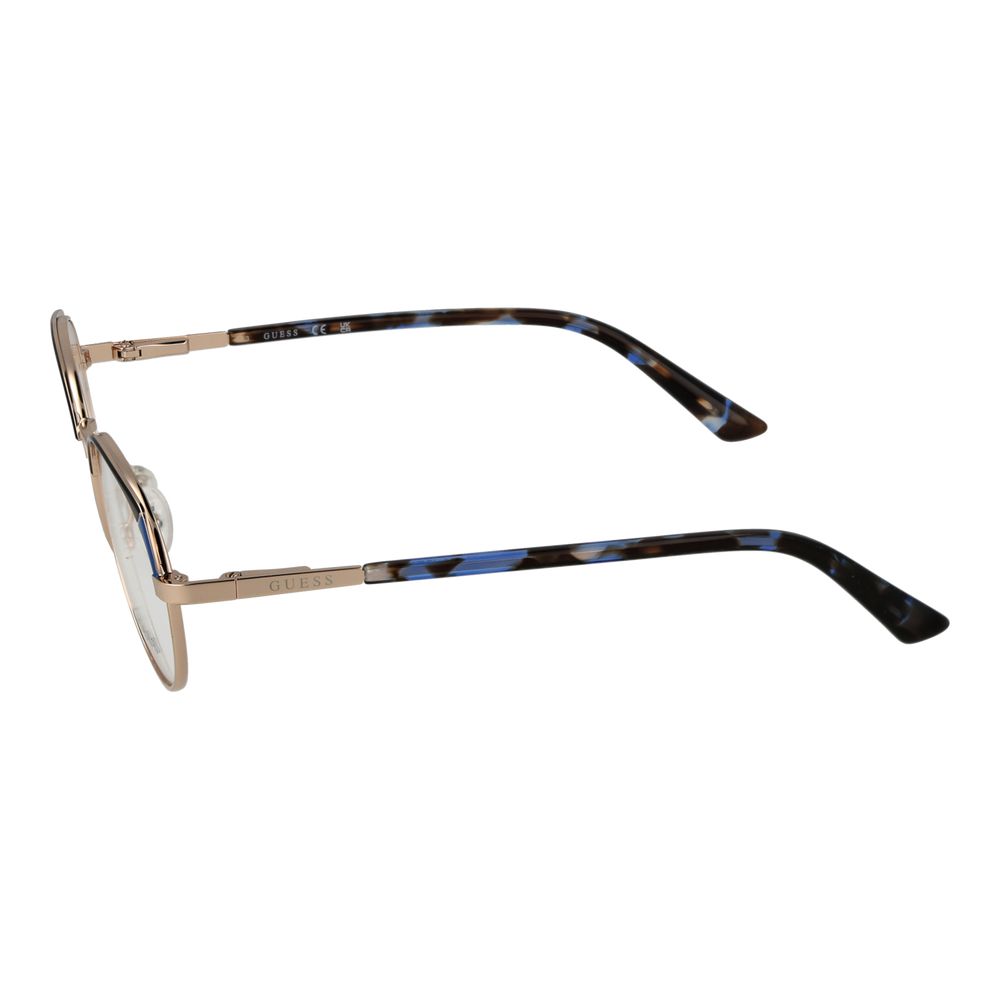 Side view of Guess Gold Metal Glasses (Frames) with full-rim design and demo lenses, showcasing elegant gold metal structure for women.