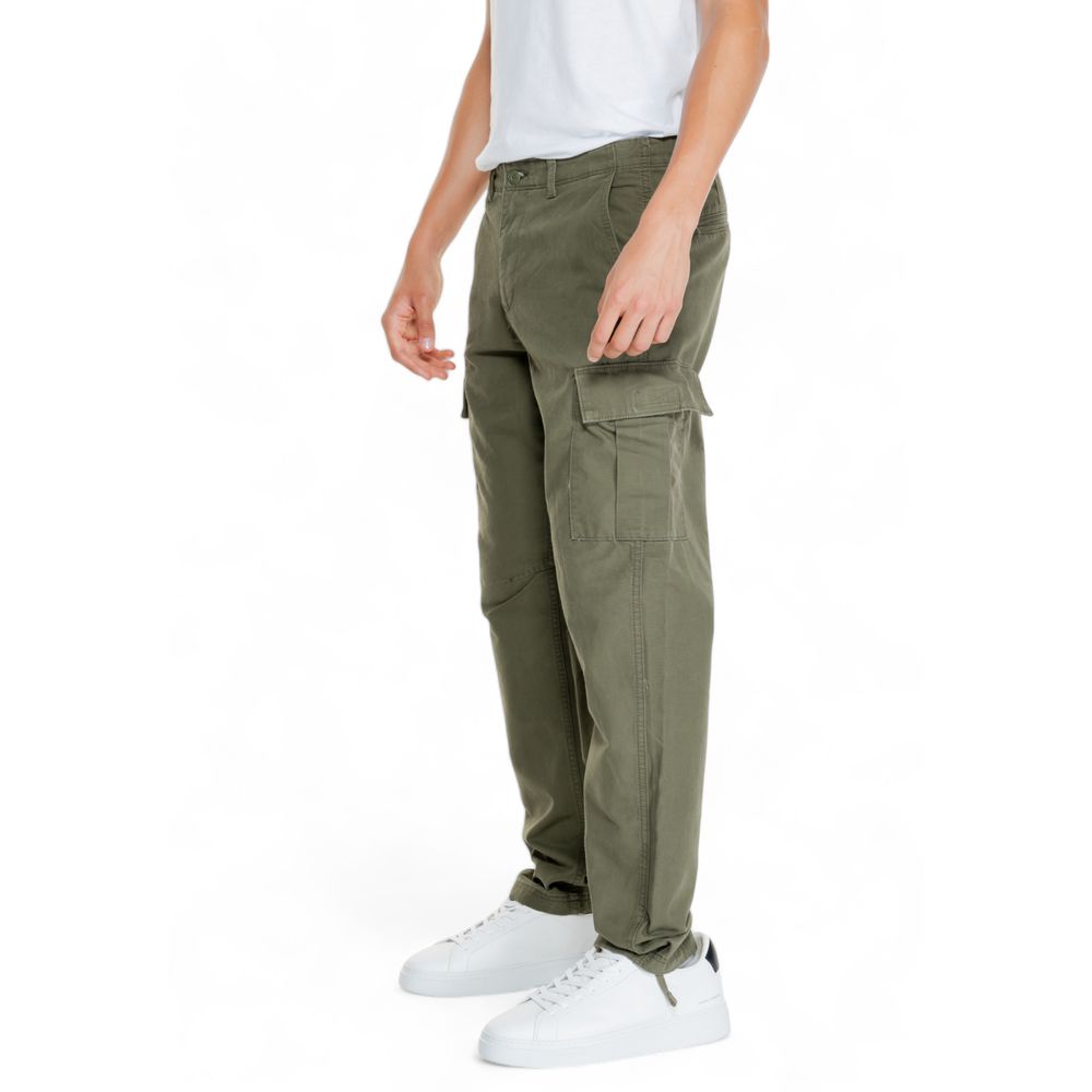 Side view of Jack Jones Green Cotton Cargo Pants showing spacious side flap pockets and a tapered fit