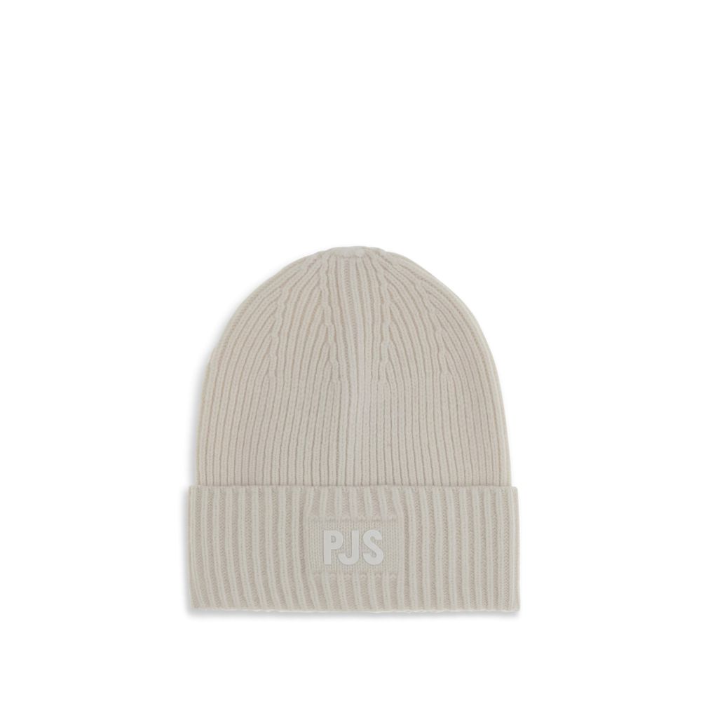 Parajumpers Ribbed Beanie Hat in off-white color with ribbed knit and PJS patch, made from 80% wool, 20% nylon for winter comfort.