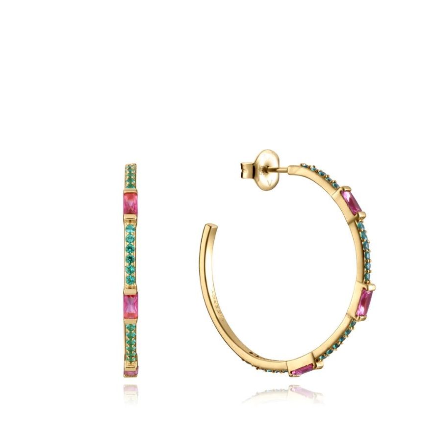Gold hoop earrings with pink and green stones, perfect accessory for ladies, 3 ATM water resistance, by VICEROY JEWELS Mod. 13173E100-39.
