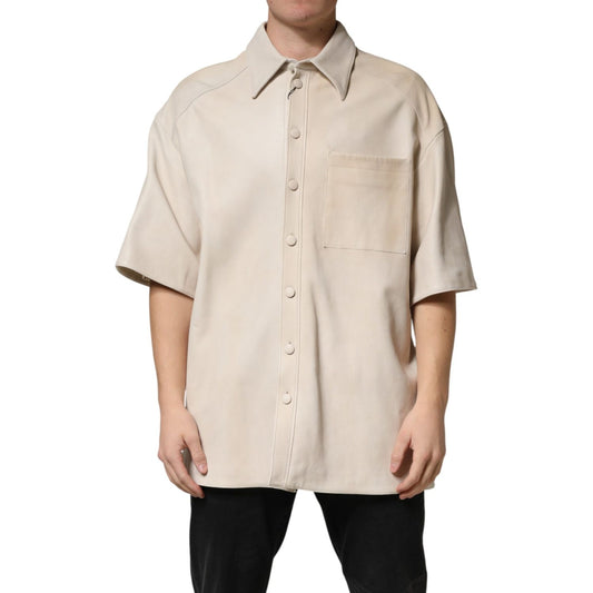 Dolce & Gabbana Beige Leather Button Down Men Casual Shirt