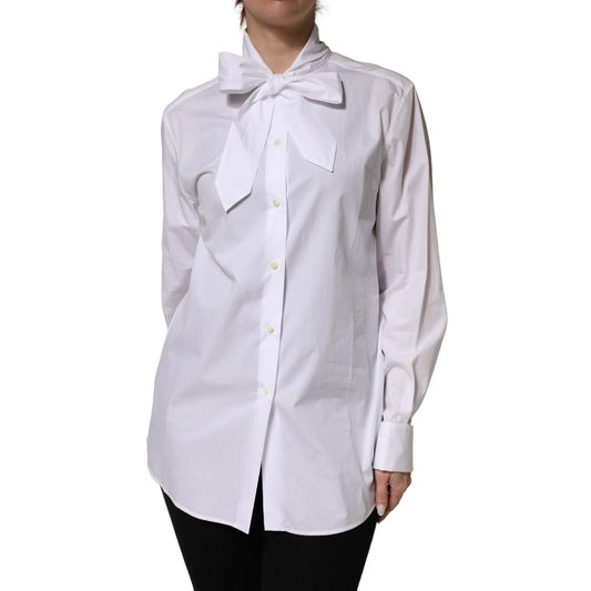 Dolce & Gabbana White Cotton Bow Tie Long Sleeves Blouse Top