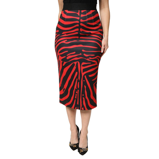 Dolce & Gabbana Red Black Zebra Print Polyester Pencil Midi Skirt