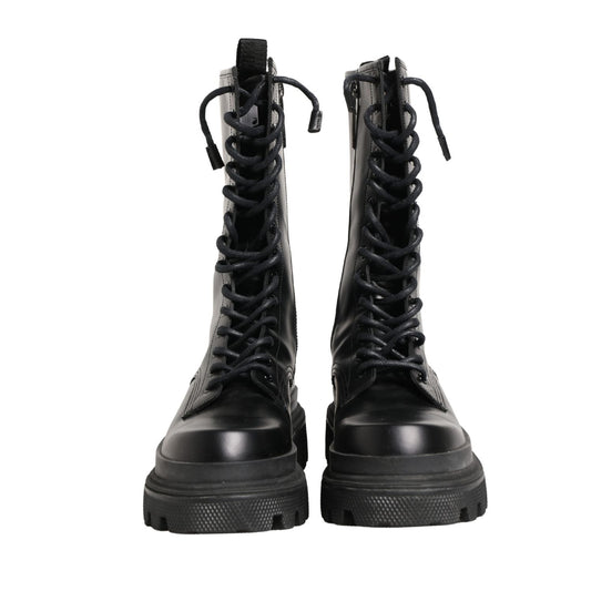 Dolce & Gabbana Black Leather Trek Sole Combat Boots Shoes
