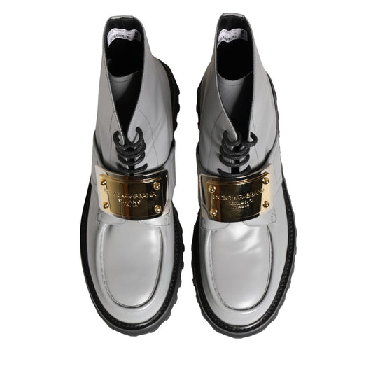Dolce & Gabbana Gray Leather Logo Plaque Ankle Boots Shoes